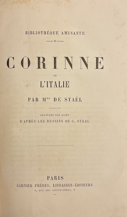 STAEL (Germaine, dite Madame de) Corinne ou l'Italie. Paris, Garnier Frères (coll. "Bibliothèque amusante"), s.d. – Image 2