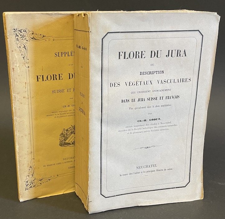 GODET (Ch.-H.) Flore du Jura ou description des végétaux vasculaires qui croissent spontanément dans le Jura suisse et français, plus spécialement dans le Jura neuchâtelois. - Supplément à la Flore du Jura suisse et français. Neuchâtel, Chez l'auteur - Berne, Librairie Dalp - Genève, Cherbuliez, 1853-1869.